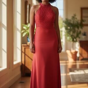 Zum Zum by Niki Livas Red Lace Halter Dress